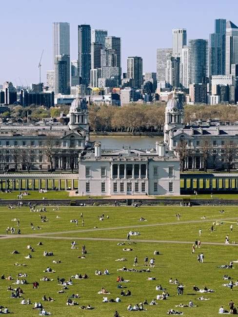 The image shows a large open grassy park area with numerous people sitting, reclining, and walking on the lawn under clear weather. Behind the park, there is a historic building with white walls, large windows, and domed towers at each side, likely part of a cultural or public institution. Beyond this building, a river runs parallel to the park with trees along its banks. Further back, a modern city skyline with numerous high-rise office buildings and skyscrapers dominates the background, indicating an urban setting. The scene depicts a typical day of outdoor leisure in a city with a mix of historic architecture, natural space, and contemporary development. This visual can be associated with house removals or moving services related to relocating within or to an urban area like Greenwich, especially as part of a comprehensive home relocation process managed by companies such as Man With a Van Greenwich.